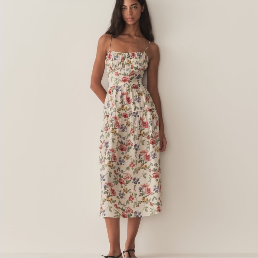 Doen Floral Midi Dress in Cream with Pink, Red and Green Floral Print